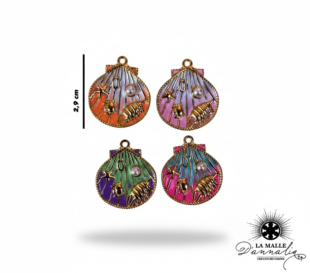 Pendentifs coquillages émaillés or, dégradés multicolores avec perle et motifs marins lamalledannalia