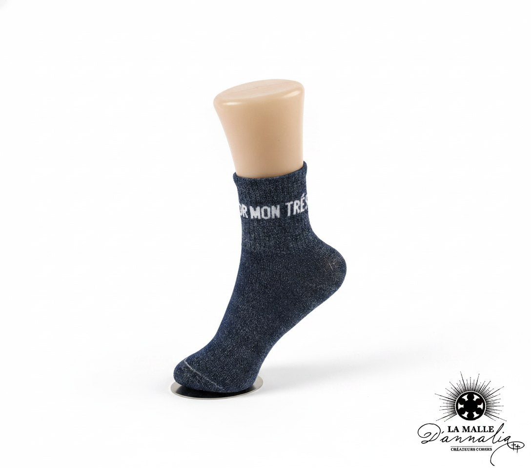 Chaussette pailletée enfant bleu , message "MON TRESOR"   lamalledannalia