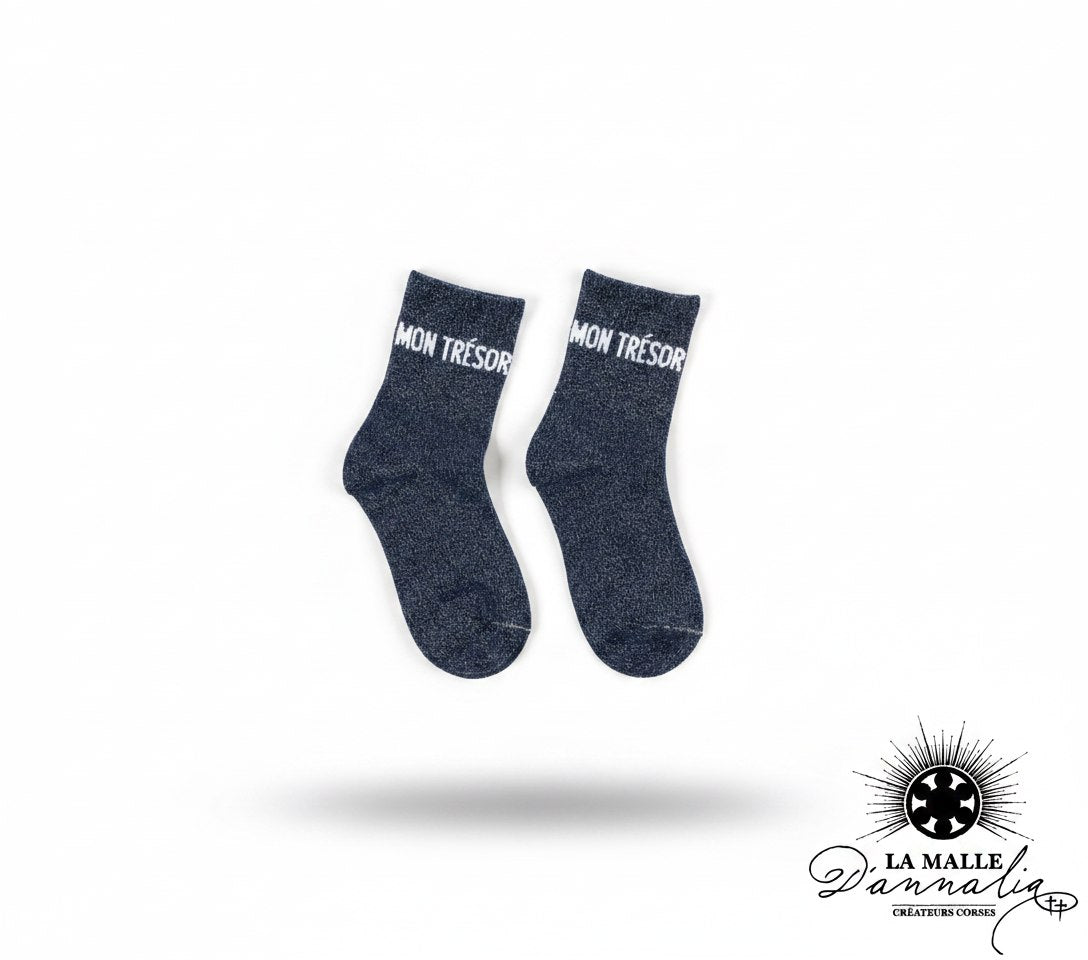 Paire de chaussettes enfant bleu pailletées avec message MON TRÉSOR lamalledannalia