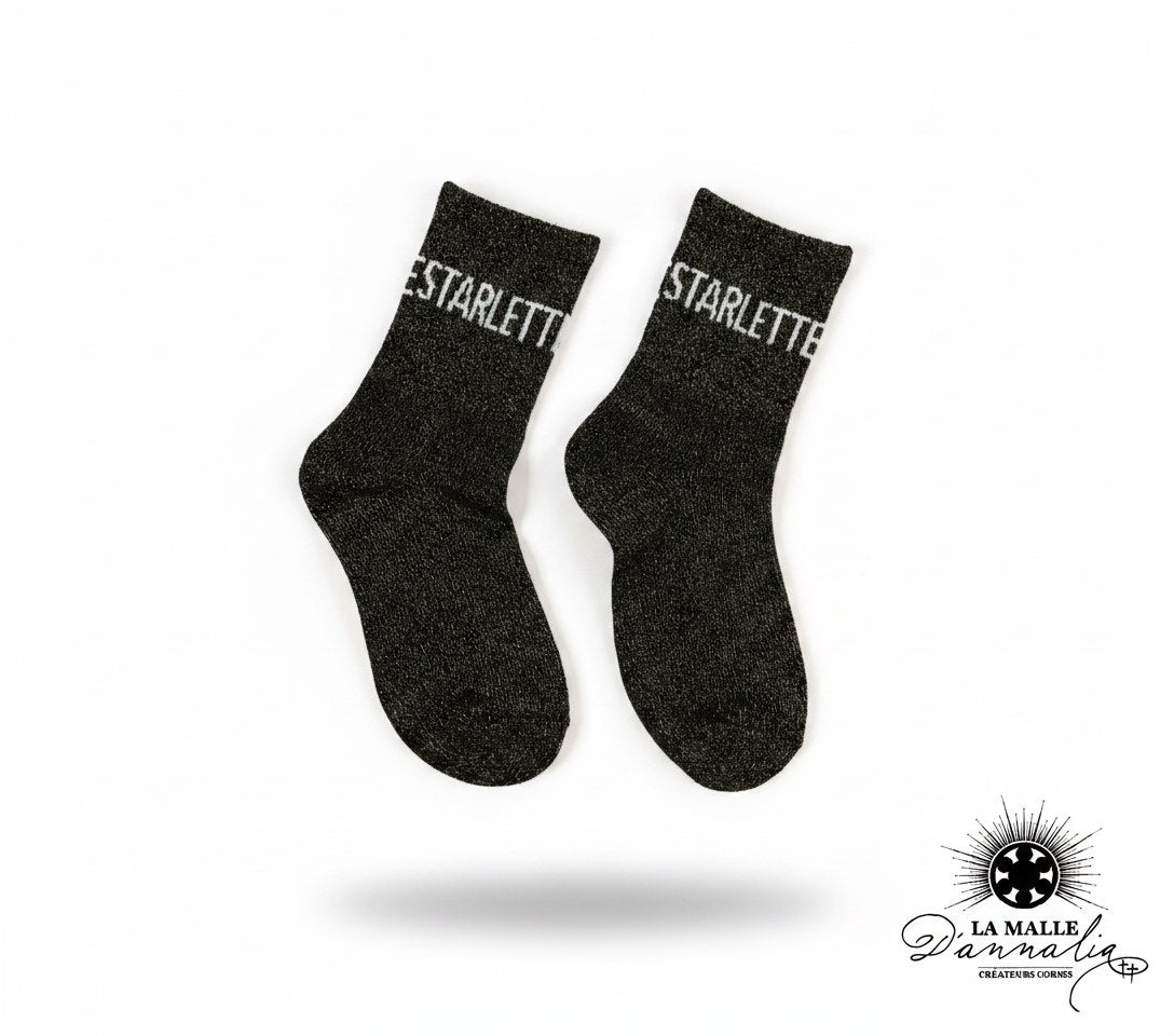 Chaussette enfant noire à paillettes message Starlette lamalledannalia