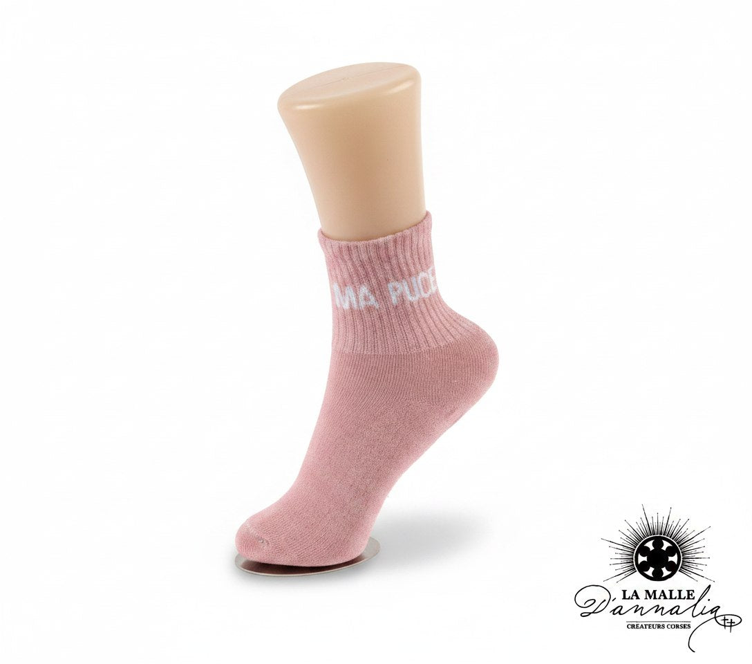 Chaussettes pailletées roses enfant inscription MA PUCE lamalledannalia