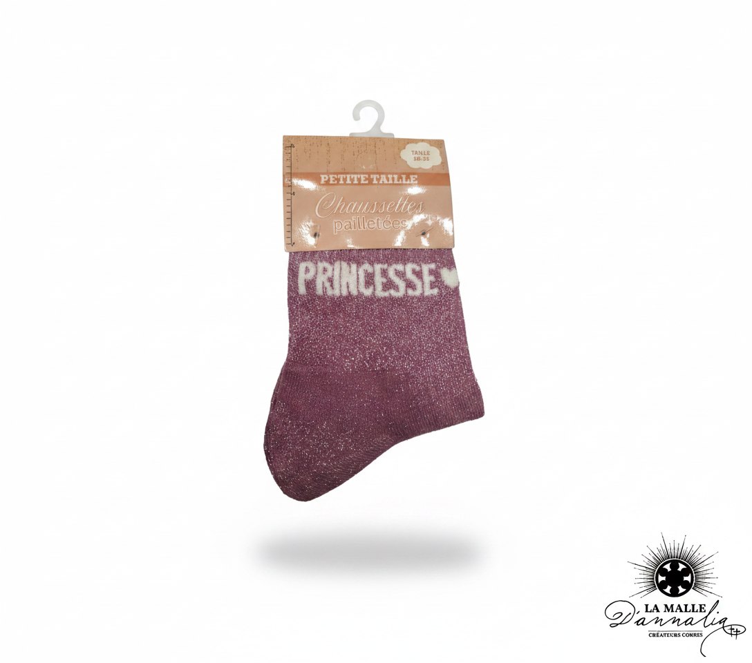 Chaussettes pailletées roses message PRINCESSE pour enfant. lamalledannalia