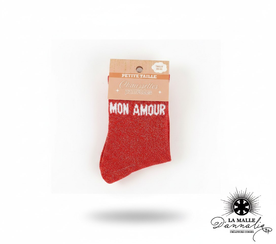 Chaussettes enfant paillettes rouges avec message MON AMOUR lamalledannalia
