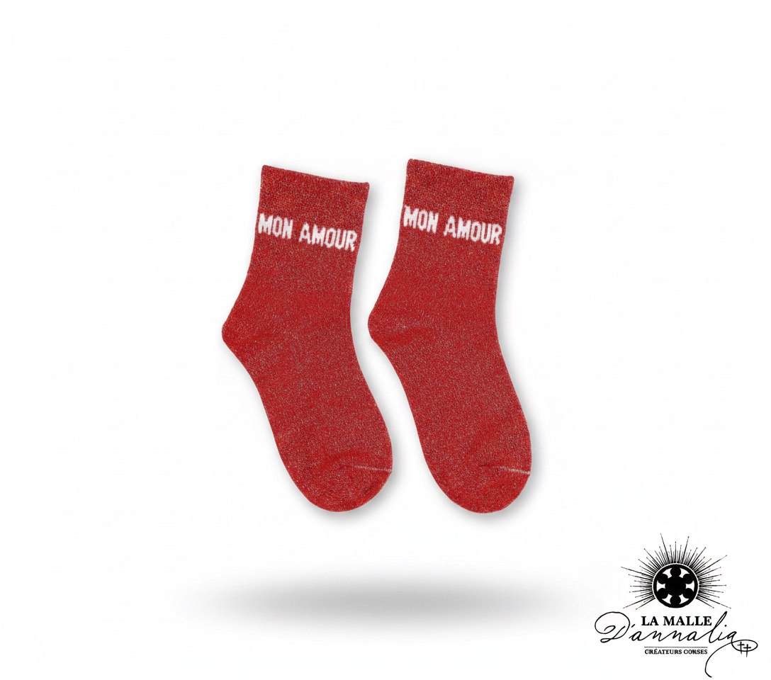 Chaussettes rouges enfant pailletées message "MON AMOUR" lamalledannalia