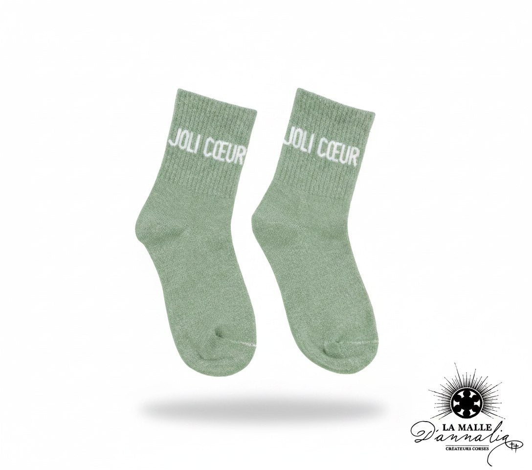 Chaussettes enfant pailletées vertes  avec message JOLI CŒUR en blanc lamalledannalia