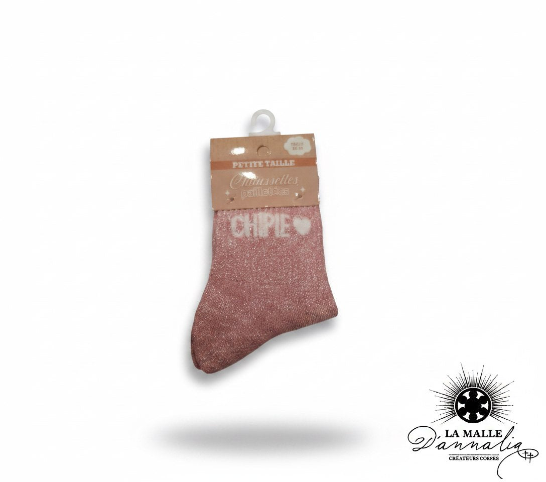Chaussette enfant rose brillante à effet paillettes avec texte Chipie