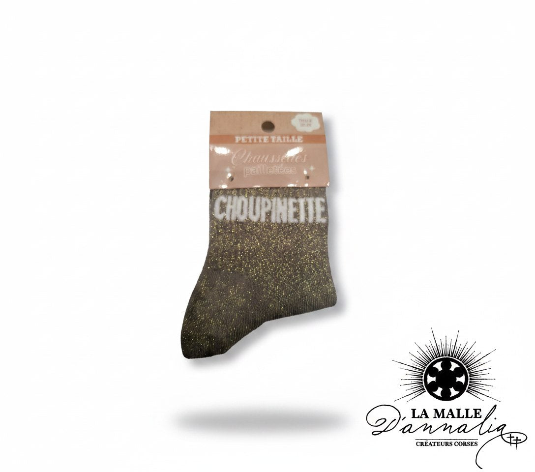 Chaussettes enfant grises scintillantes avec inscription Choupinette lamalledannalia