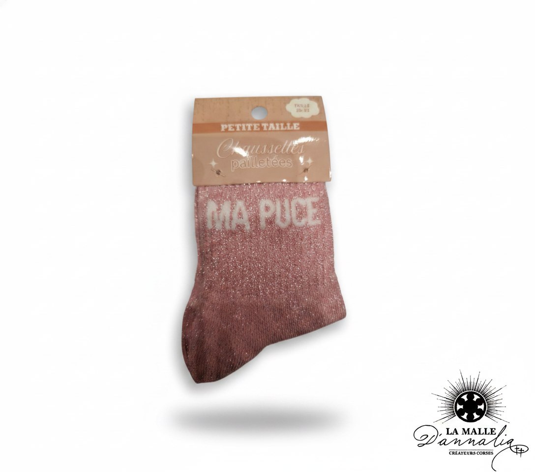 Chaussette enfant rose brillante à effet paillettes avec texte Ma Puce lamalledannalia
