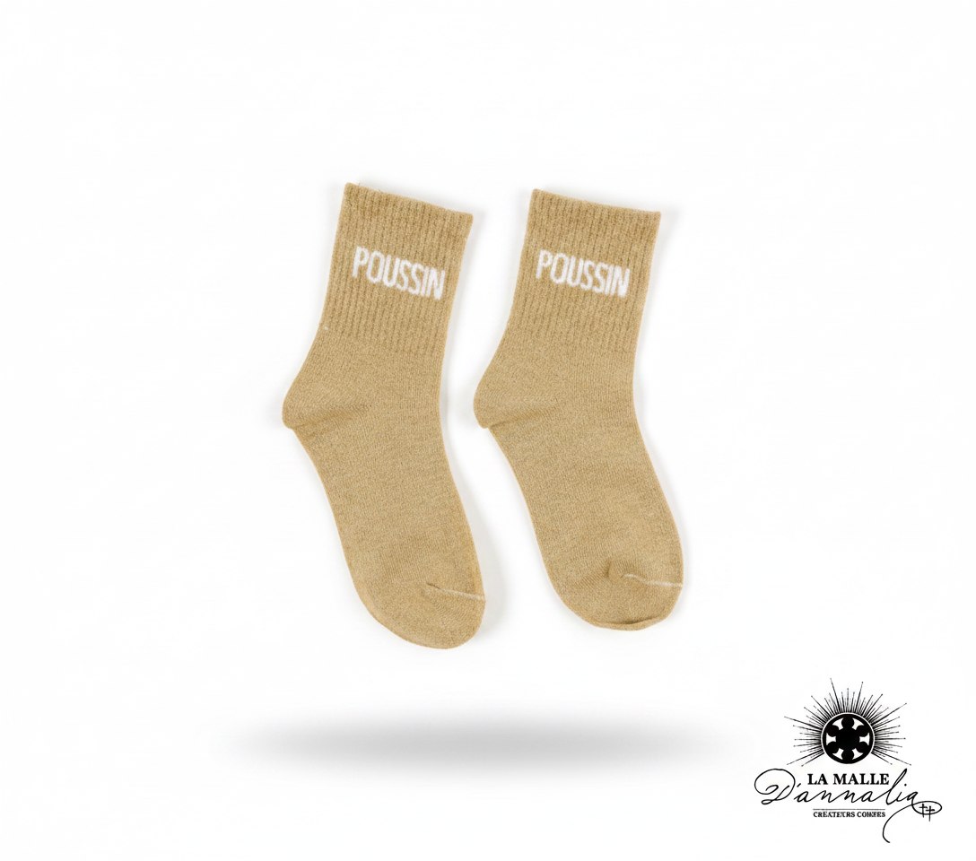 Chaussettes enfant pailletées beiges tricotées avec inscription blanche POUSSIN lamalledannalia