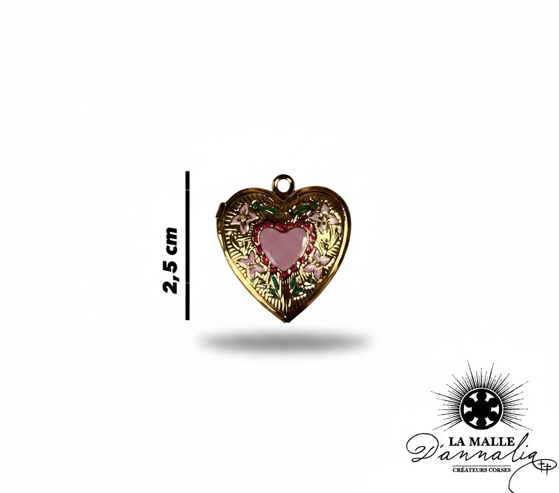 Médaillon cœur doré avec émail rose et fleurs, taille 2,5 cm lamalledannalia