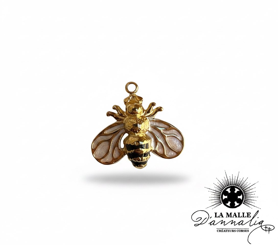Breloque abeille dorée avec ailes en émail blanc et rayures noires, pendentif lamalledannalia