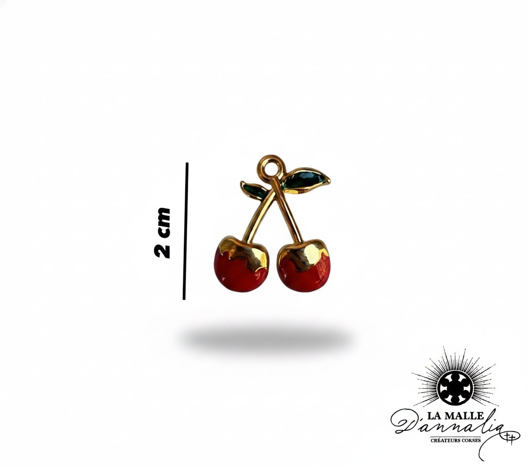 Charms cerises rouges et dorées avec feuilles vertes émaillées pour création de bijoux lamalledannalia