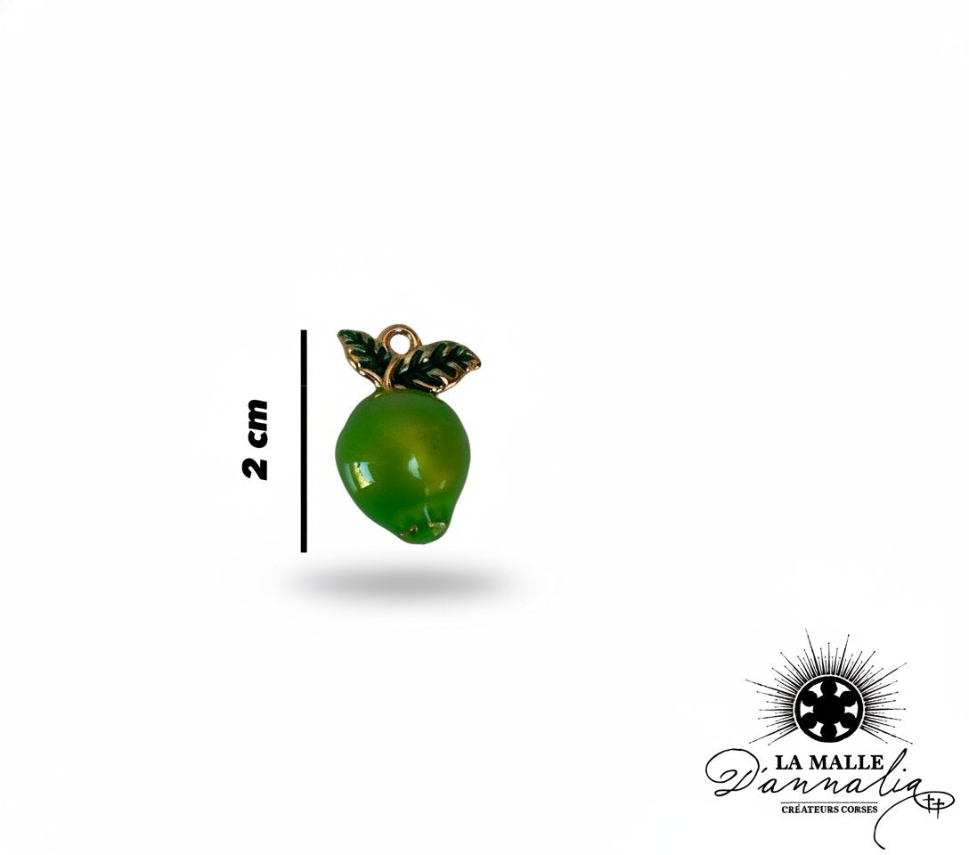 Breloque citron vert en émail avec feuilles dorées de 2 cm pour création de bijoux lamalledannalia