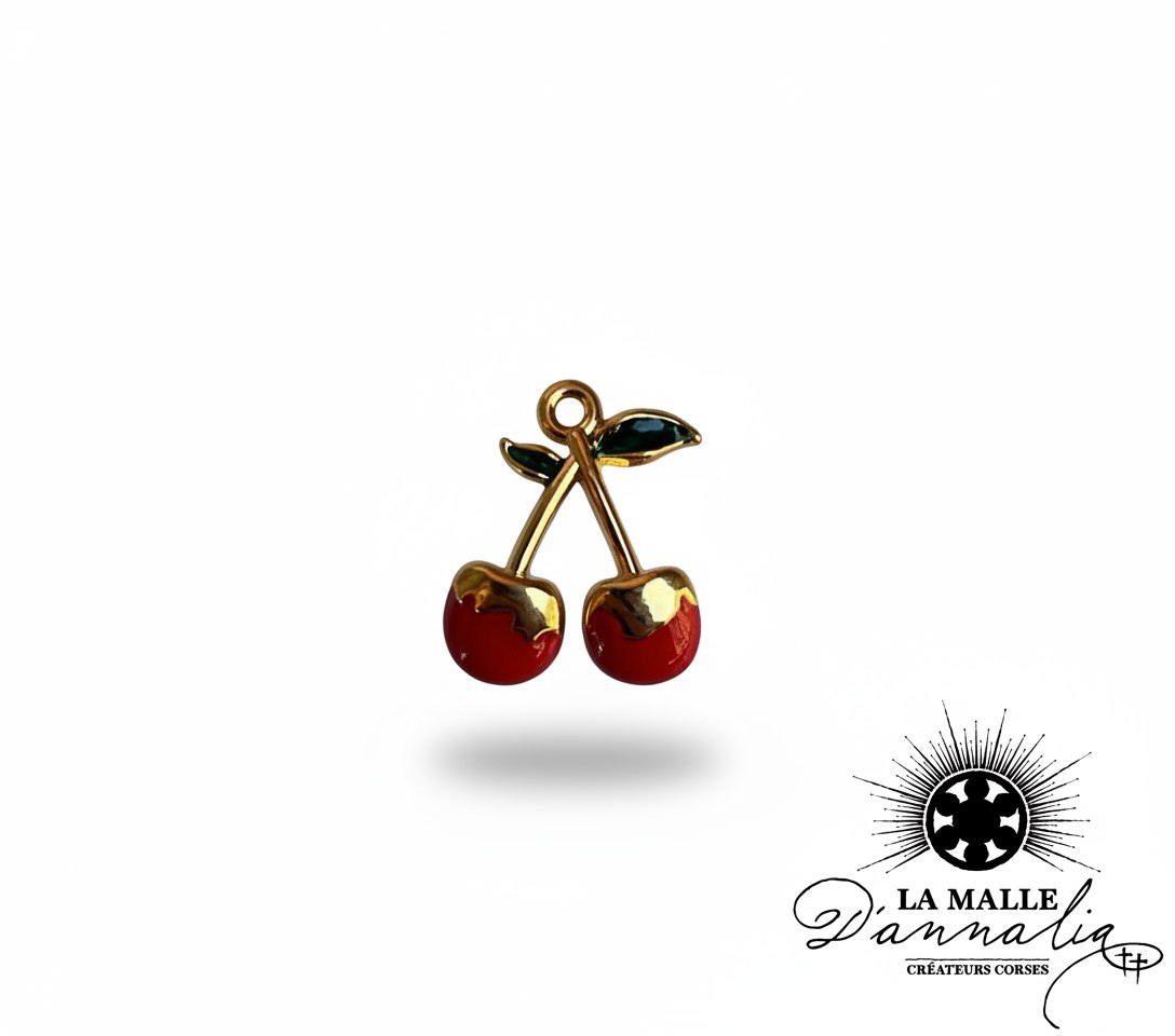 Breloque cerises rouges et dorées avec feuilles vertes émaillées pour création de bijoux lamalledannalia