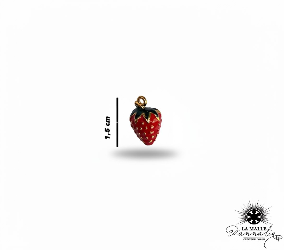 Breloque fraise émaillée rouge et verte de 1,5 cm avec boucle dorée pour bijoux lamalledannalia