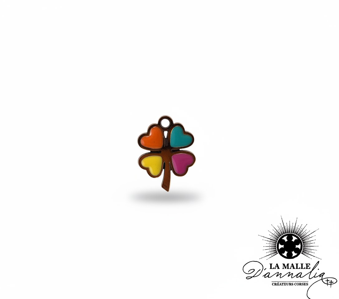 Charms Pendentif trèfle en métal et émail coloré (orange, bleu, jaune, rose) avec anneau lamalledannalia