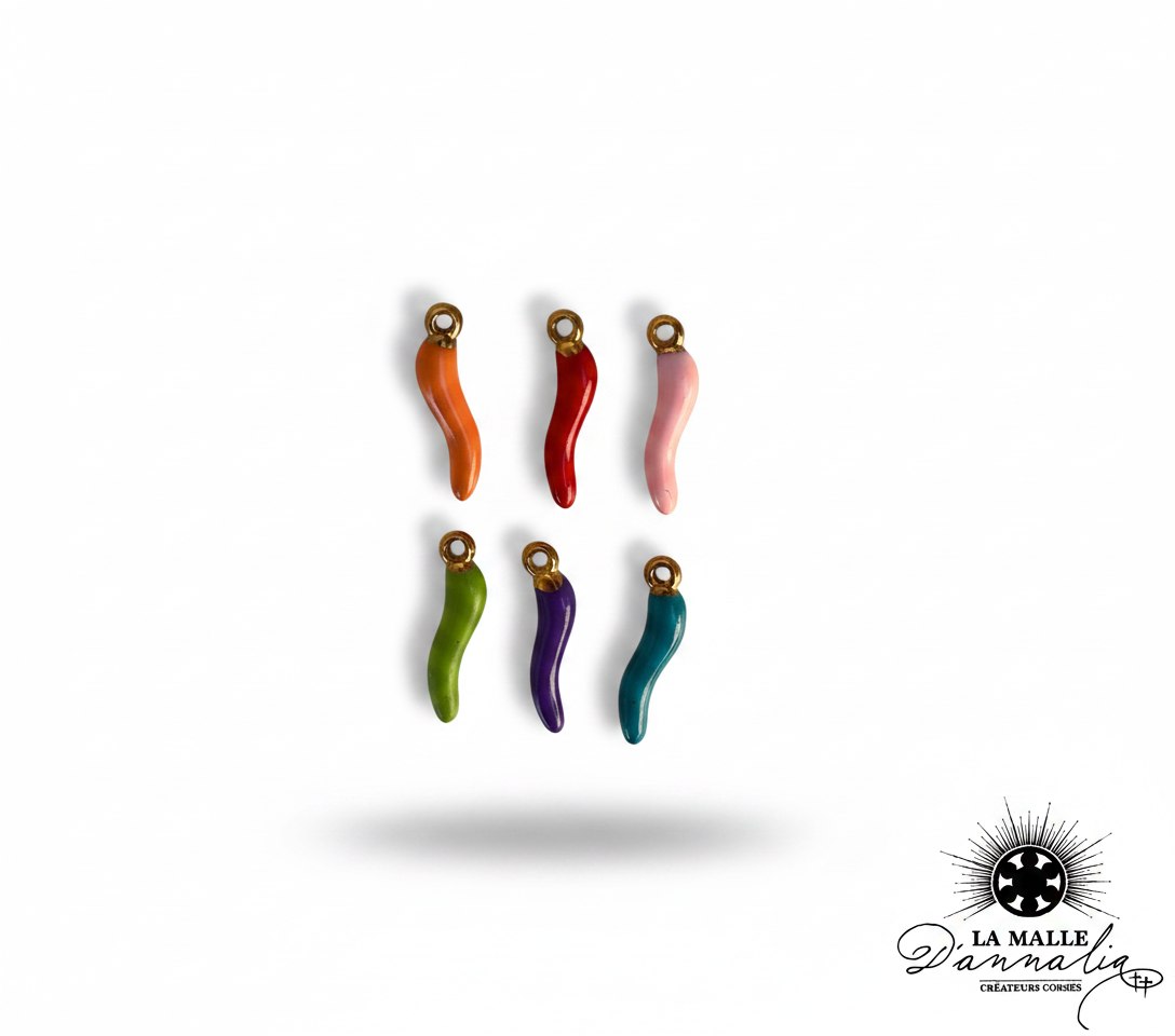 Pendentifs émaillés forme corne multicolores avec anneaux dorés lamalledannalia