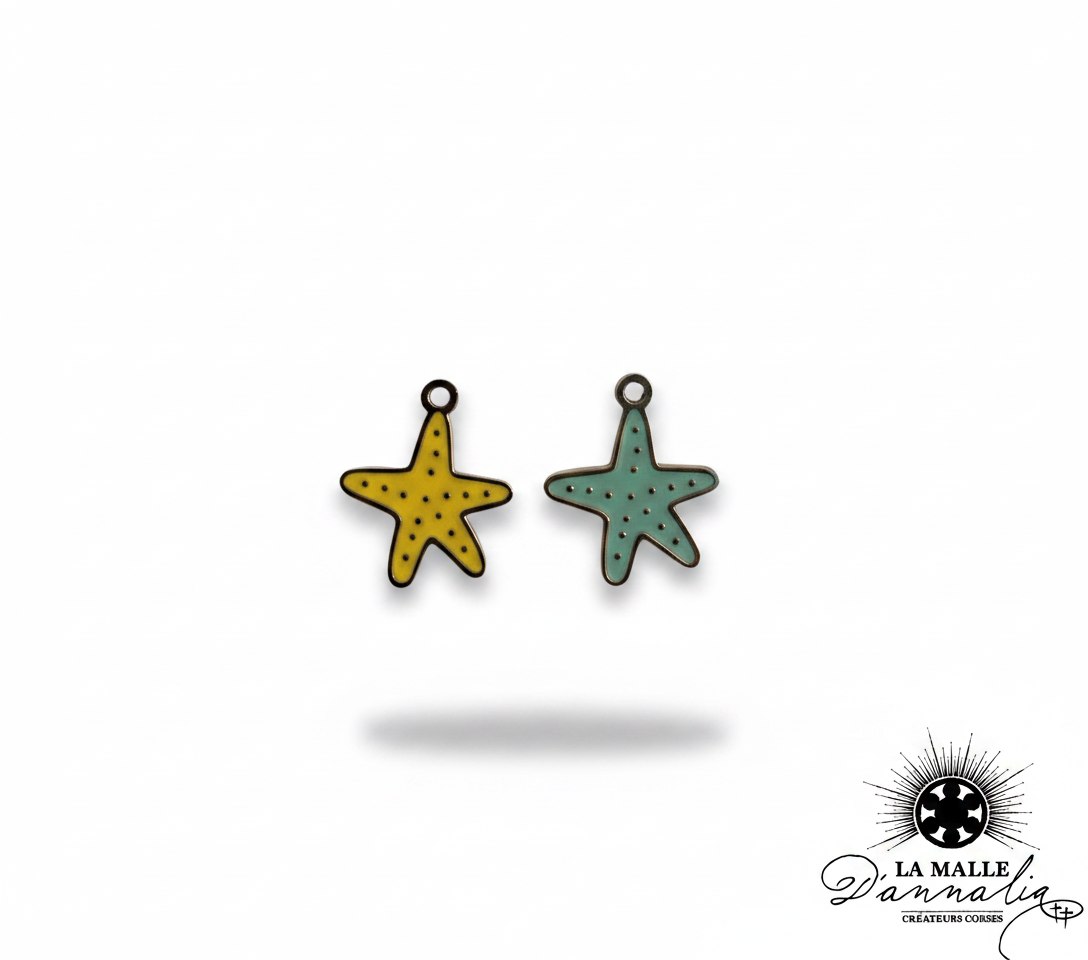 Pendentifs étoiles de mer émaillées jaune et turquoise avec des points pour création de bijoux lamalledannalia