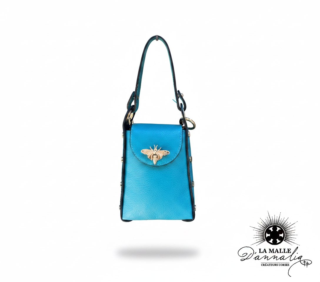 Pochette cuir bleu abeille en métal doré, fabrication italienne