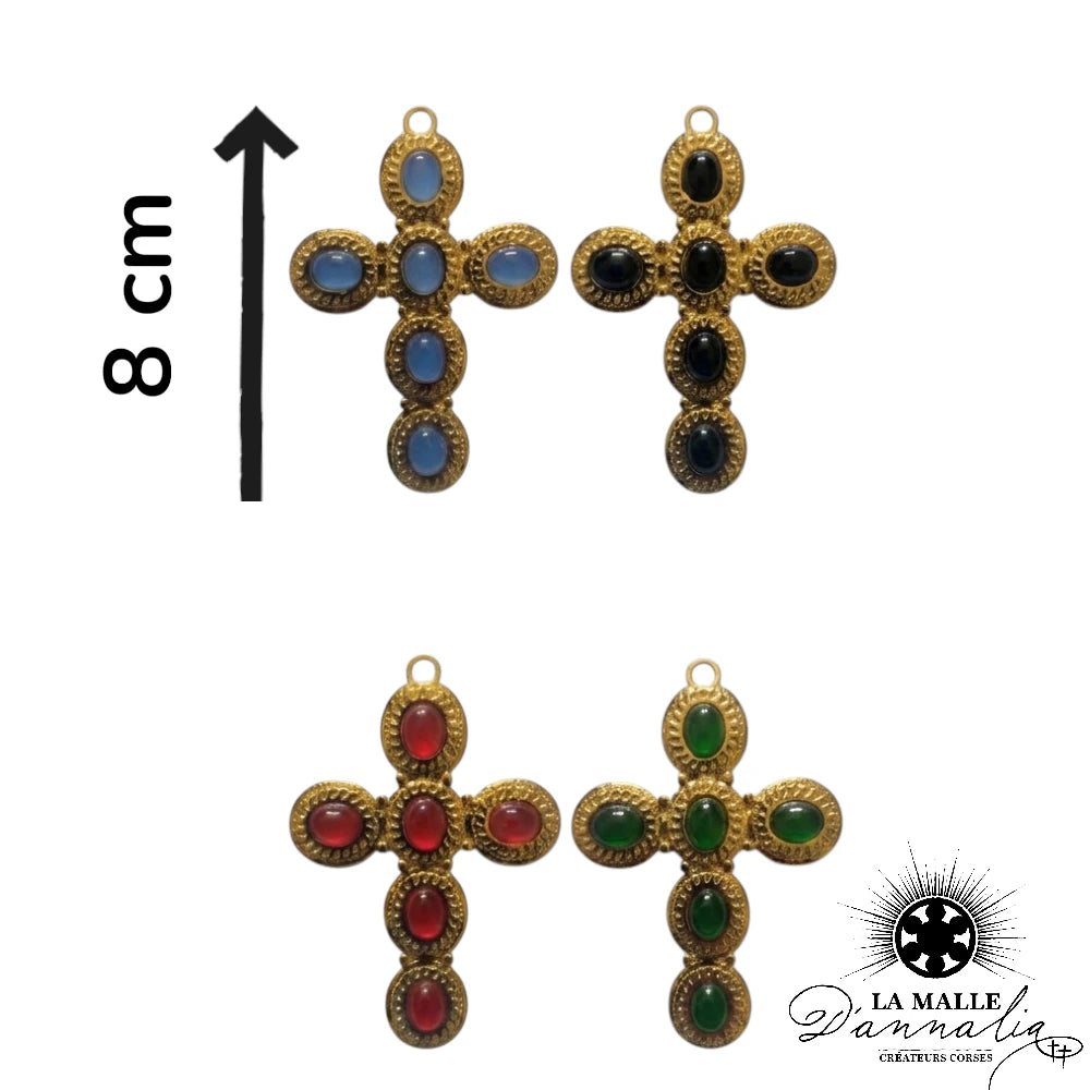 Breloque Grande Croix Dorée Pierres Scintillantes — 8 cm