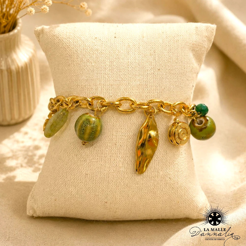 Bracelet Douille Vert Breloque Nature — Bijou Végétal Fait Main Corse