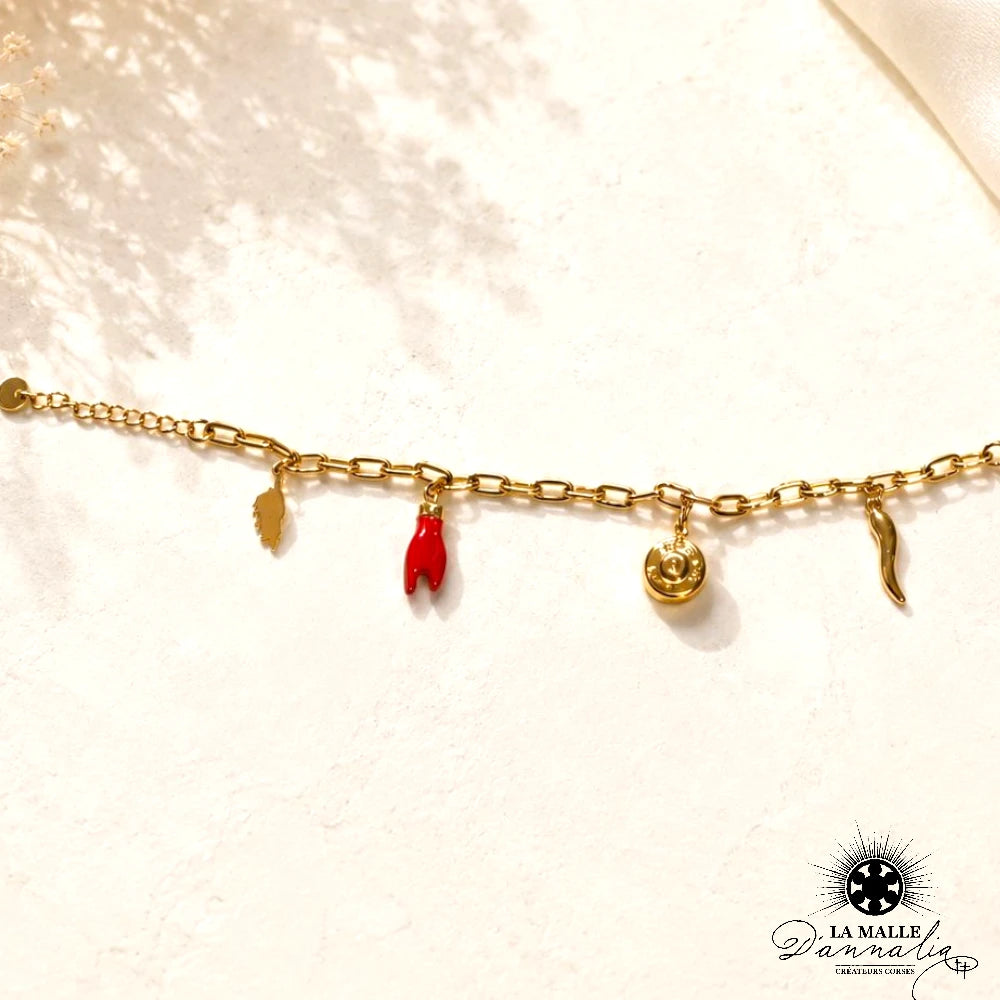 Bracelet breloques cornicello et Corse acier doré — La Malle d'Annalia Bastia