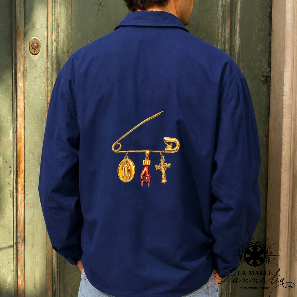 Veste Bleu Brodée Épingle Dorée