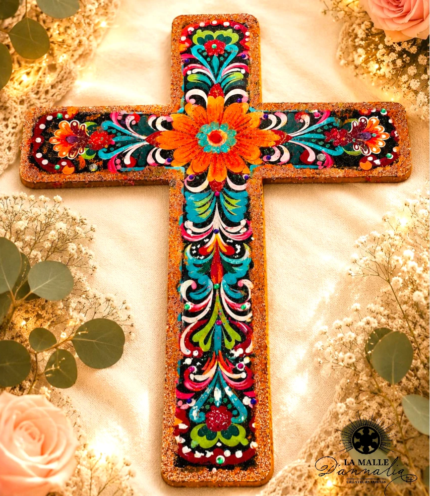 Croix Décorative Murale Orange & Multicolore — Art Religieux Mexicain Bastia