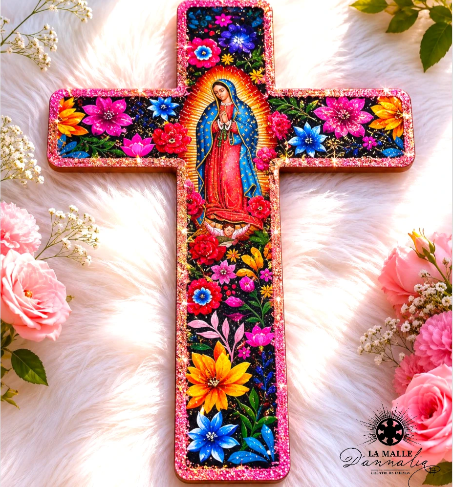 Croix Décorative Murale Rose Pailleté — Art Religieux Mexicain Bastia