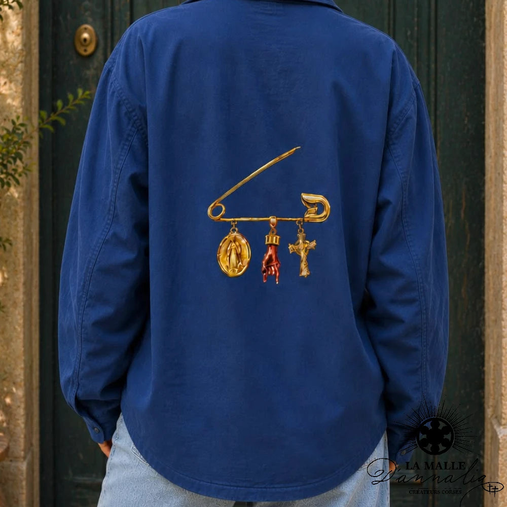Veste Bleu Brodée Épingle Dorée
