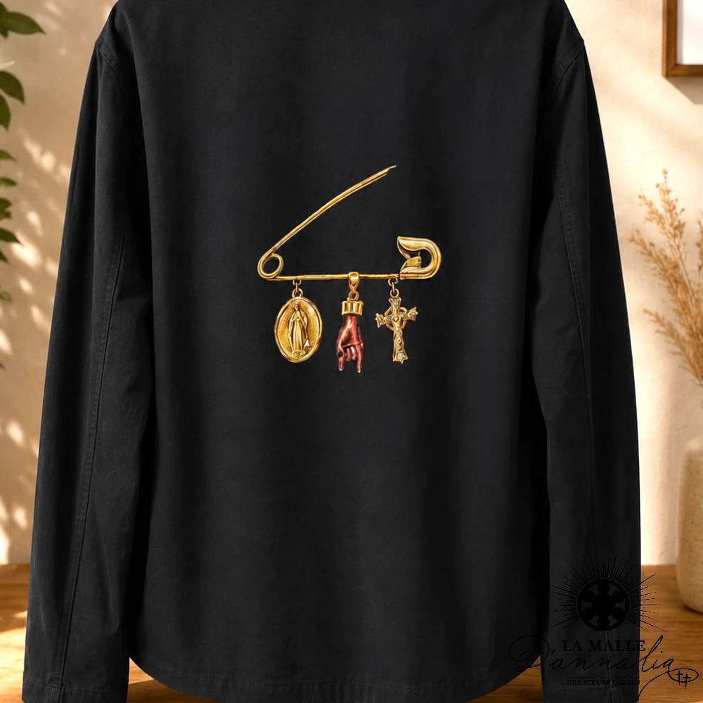 Veste Noire Brodée Épingle Dorée