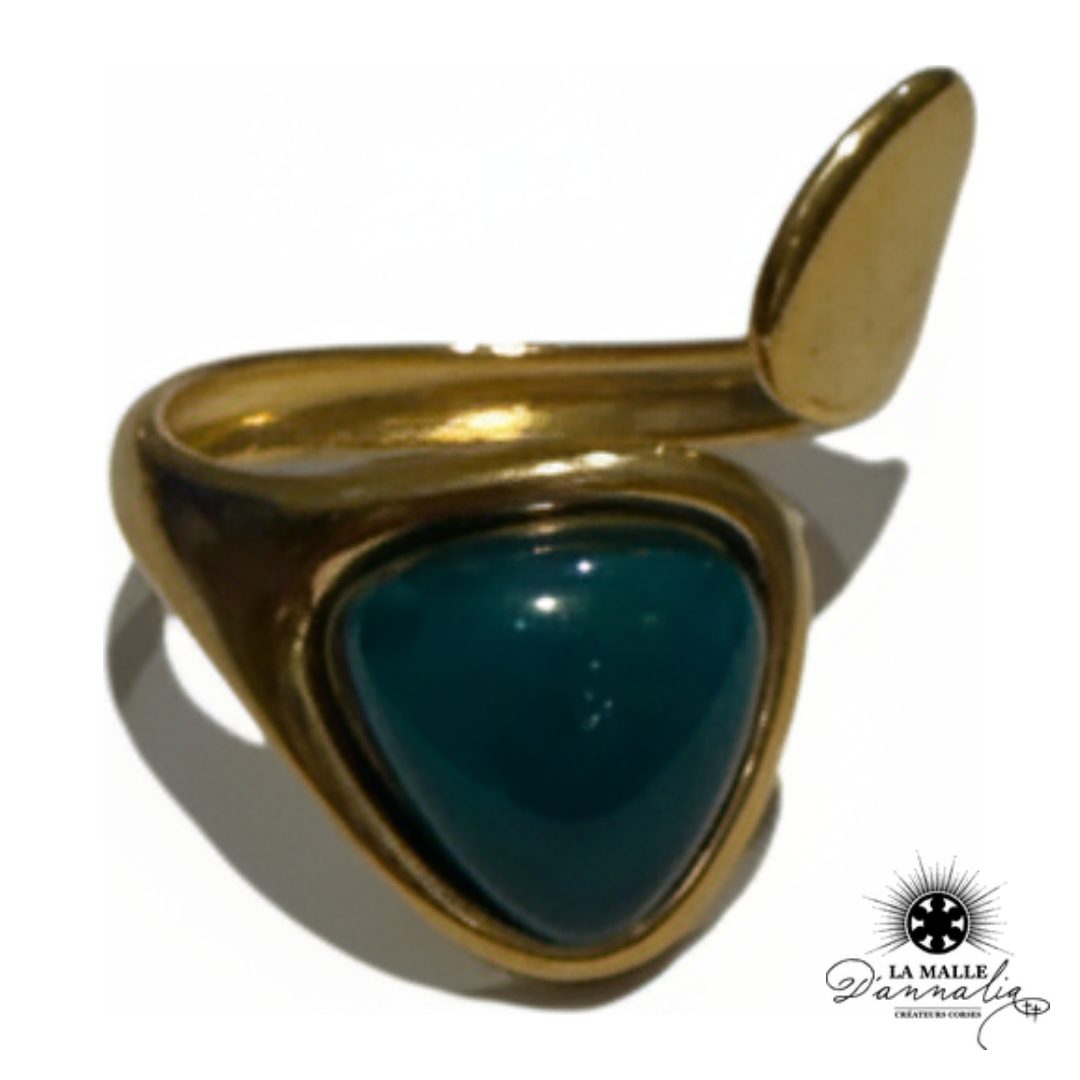 Bague dorée asymétrique bleu pétrole — La Malle d'Annalia Bastia