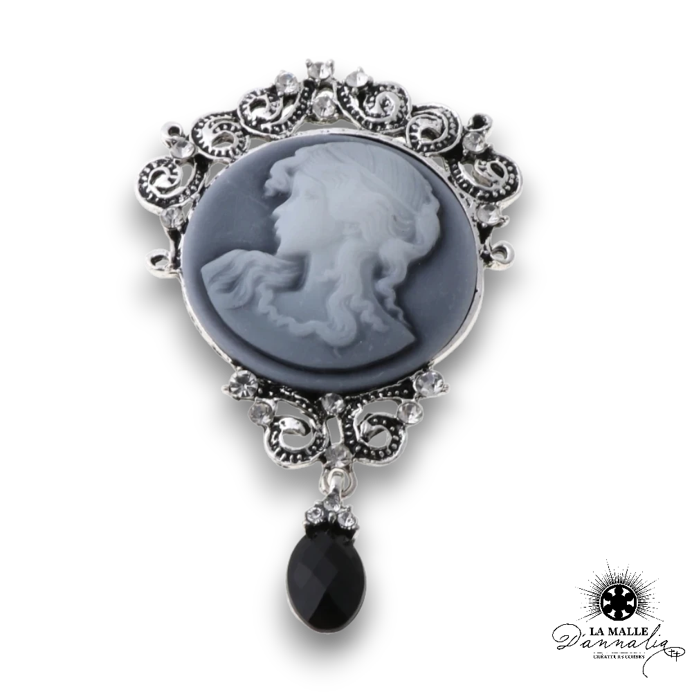 Broche bijou vintage Femme camée Strass Cristal, acier gris