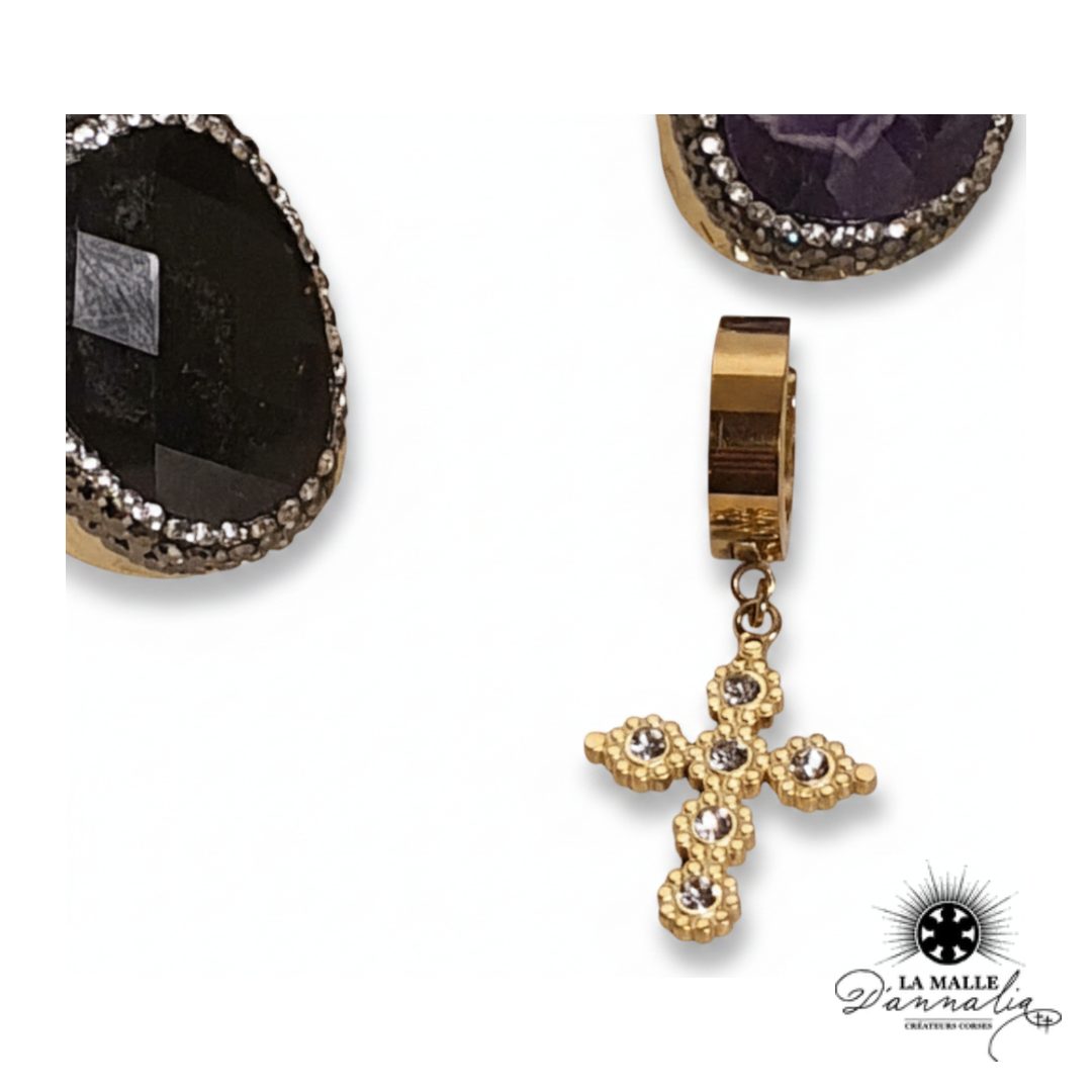 CLEM: mono boucle baroque croix strass acier inoxydable
