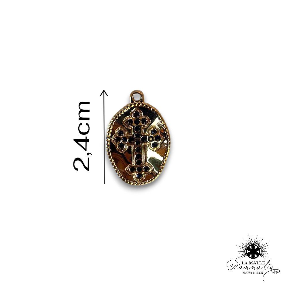 Breloque Ovale Croix Tréflée en Cristaux Noirs