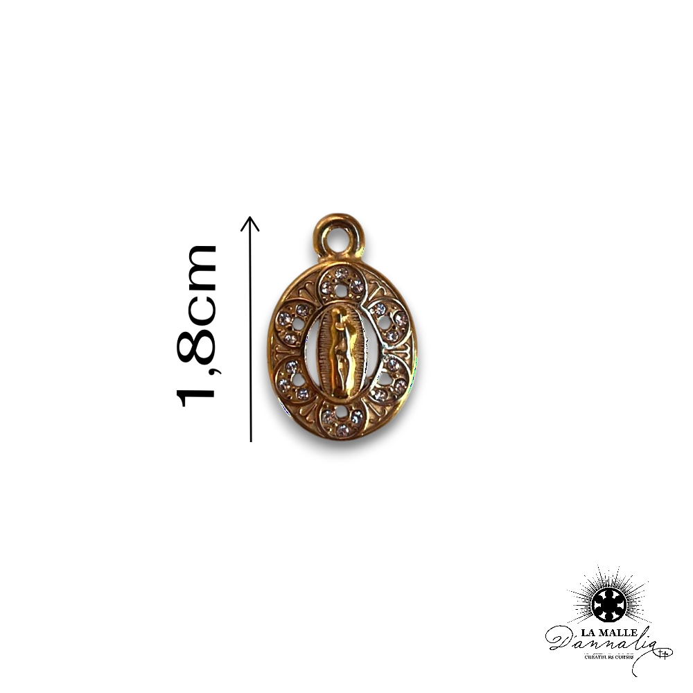 charm médaille Vierge dorée strass dentelle acier inoxydable bijou La Malle d'Annalia Bastia