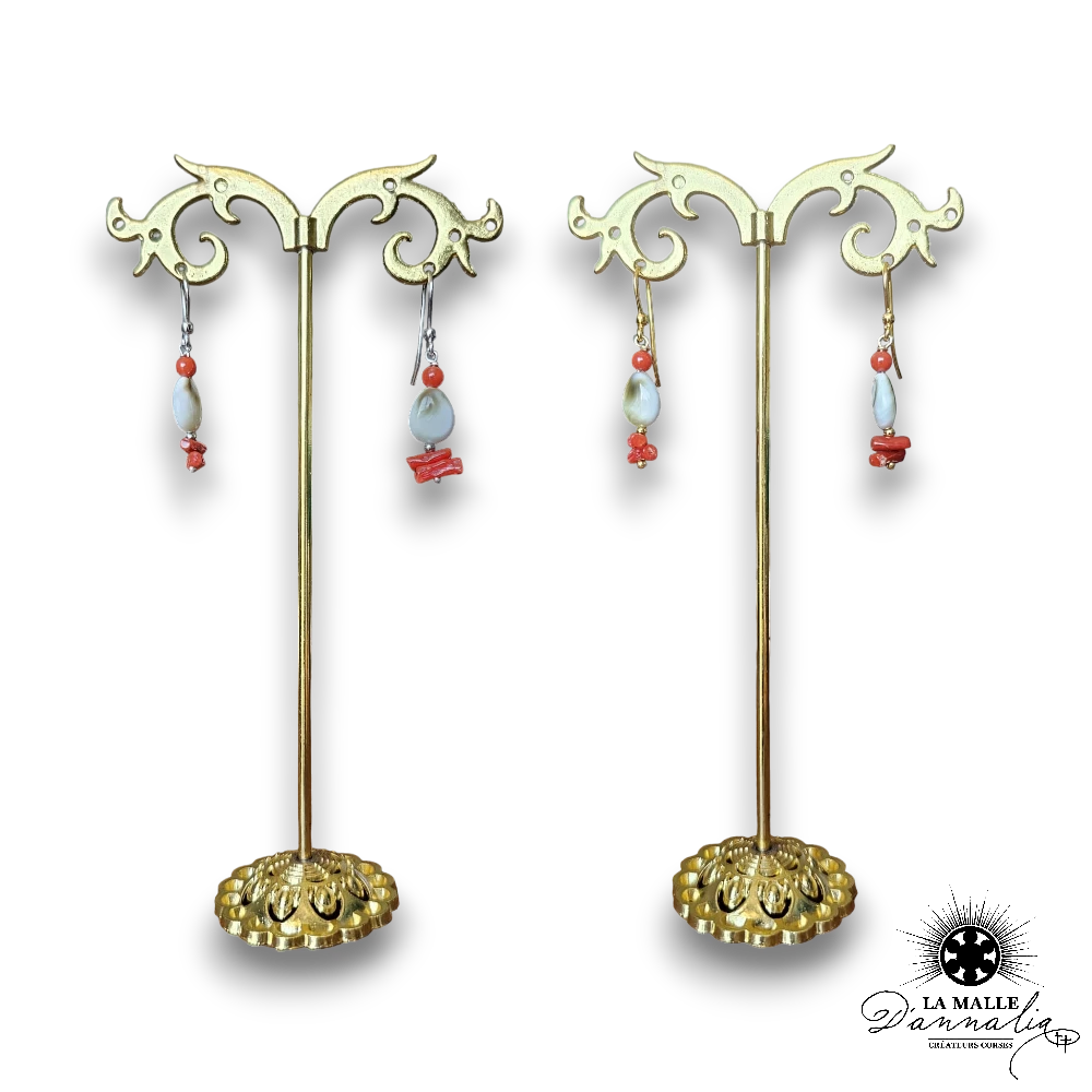 Boucles D'Oreilles En Racine De Corail Naturel - Fermoir Plaqué Or, Fabrication Artisanale