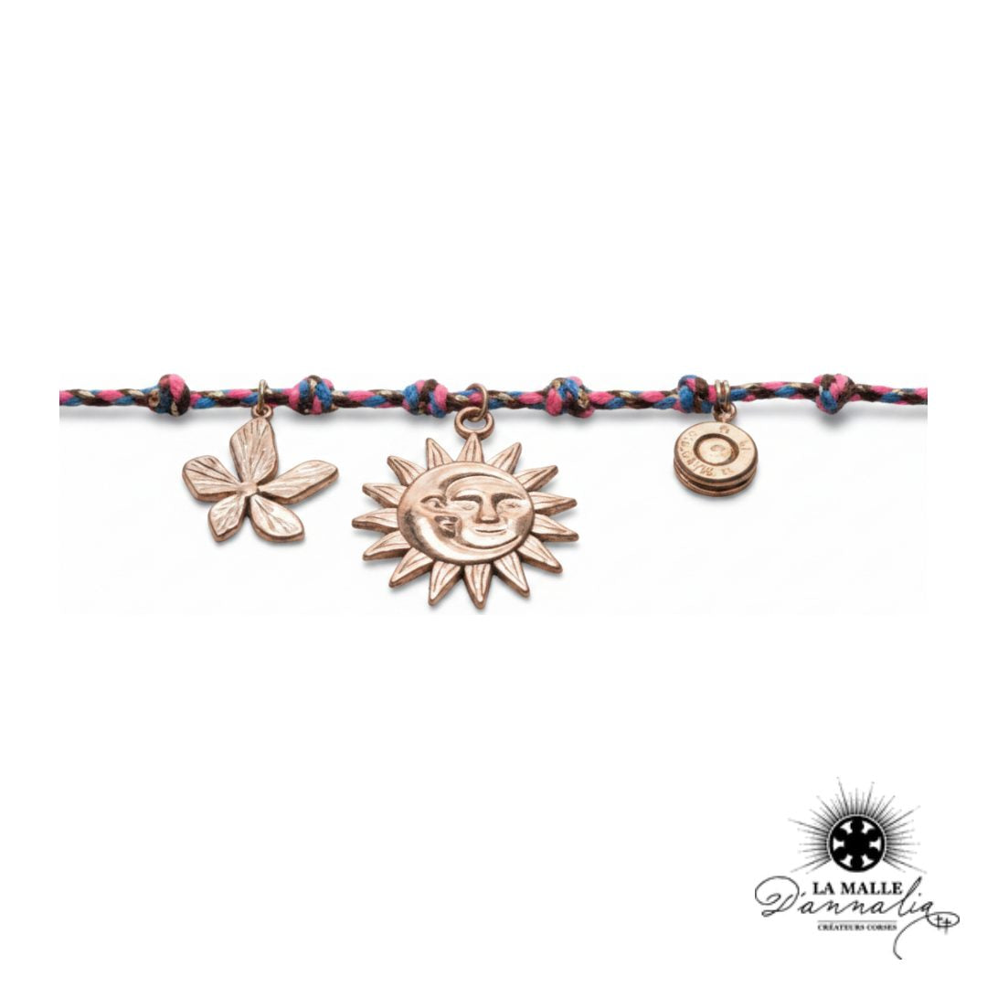 Bracelet de Plage Fil Tissé — Pendentif Douille Soleil & Face de Lune Doré