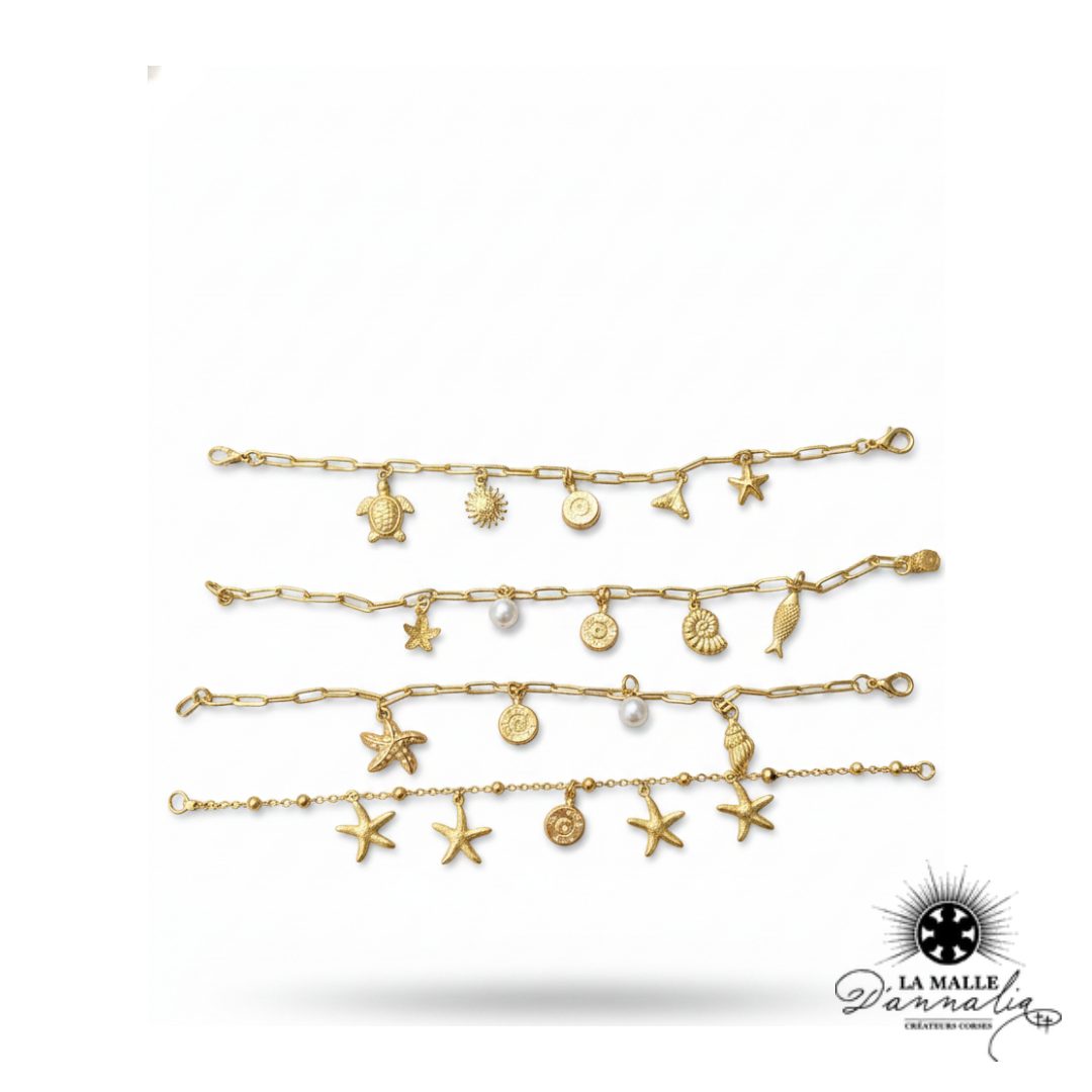 Bracelet Doré à Douilles — Charms Marins & Perles