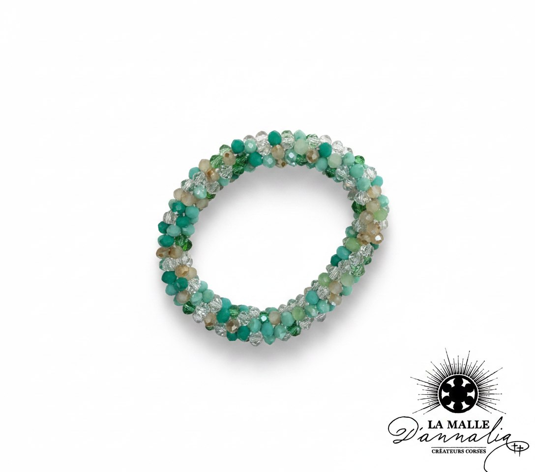 Bracelet tressé en perles facettées turquoise, vert et transparent lamalledannalia