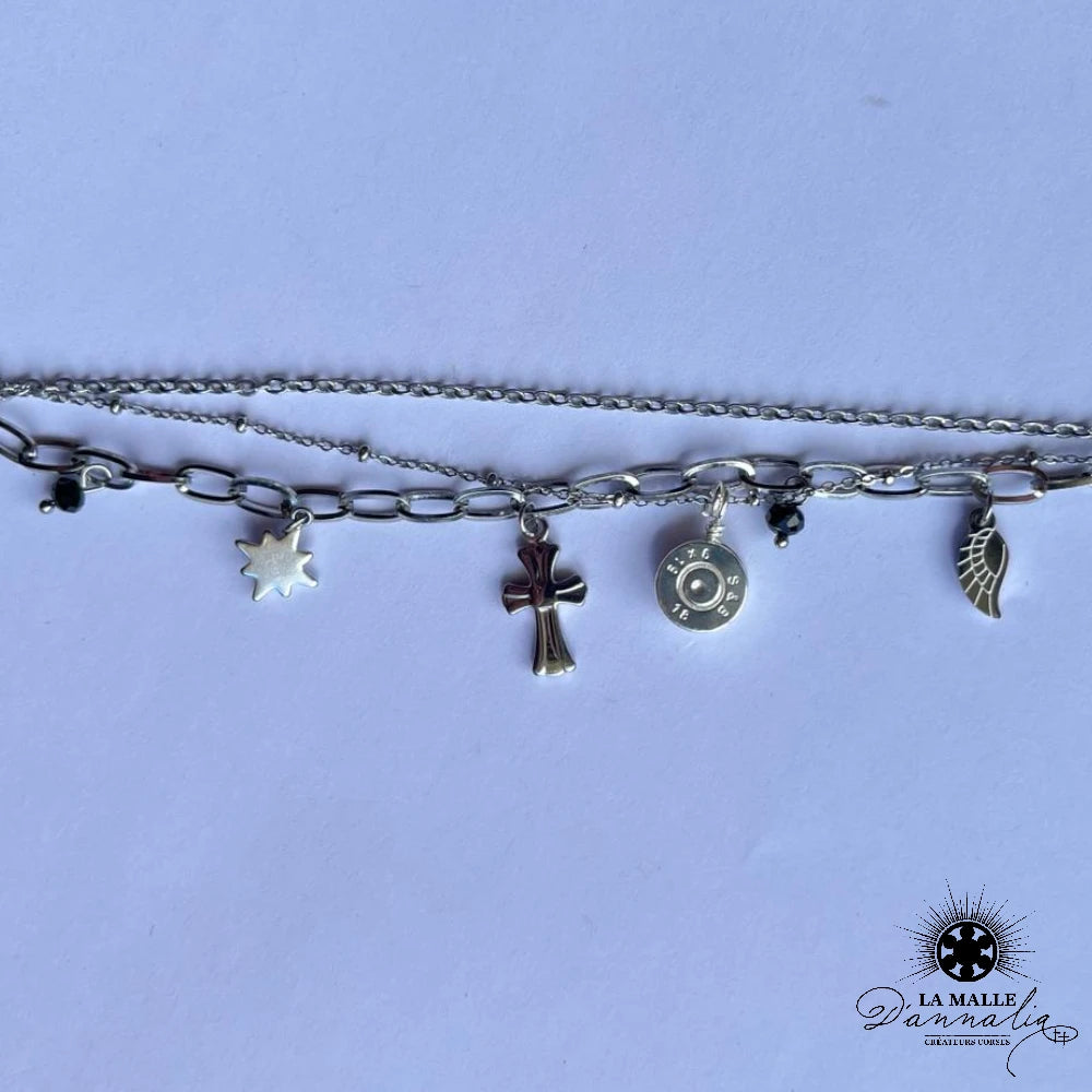 bracelet acier-lamalledannalia-bijou-bracelet douille-argent-bracelet pampilles-pierre blanche-croix-religieux-pierre noir