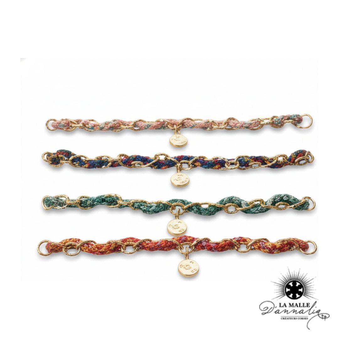 Bracelet Chaîne Dorée & Fil Tressé Multicolore — Pendentifs Douilles