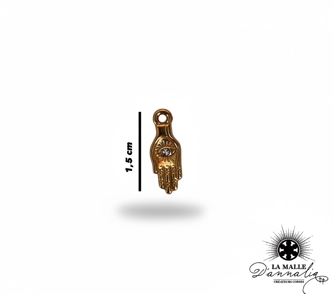 Breloque main de Fatma dorée œil strass 1,5 cm, bijouterie lamalledannalia
