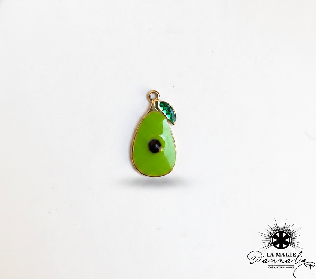 Pendentif avocat émaillé vert et doré avec feuille strass vert lamalledannalia