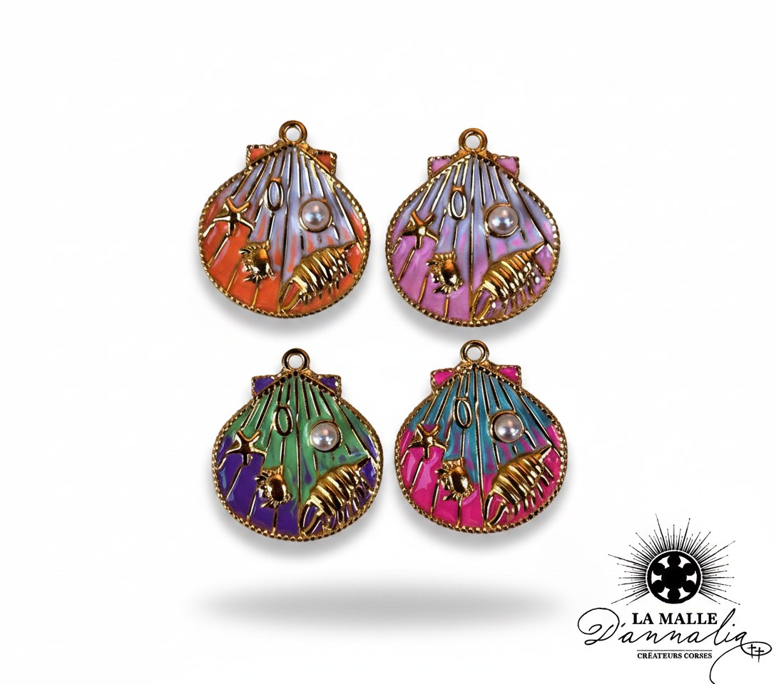 breloques coquillage en émail coloré et doré avec motifs marins pour création de bijoux lamalledannalia
