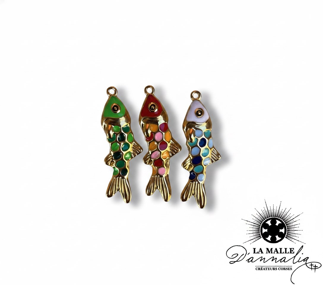 pendentif poissons dorées et émaillées, couleurs vert, rouge et bleu, lamalledannalia