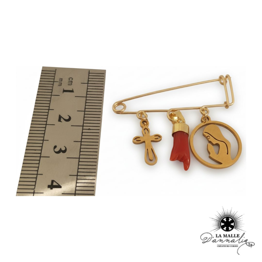 MARIE : broche avec croix, main en corail et Vierge Marie