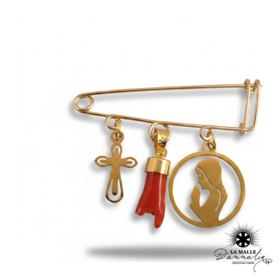 MARIE : broche avec croix, main en corail et Vierge Marie