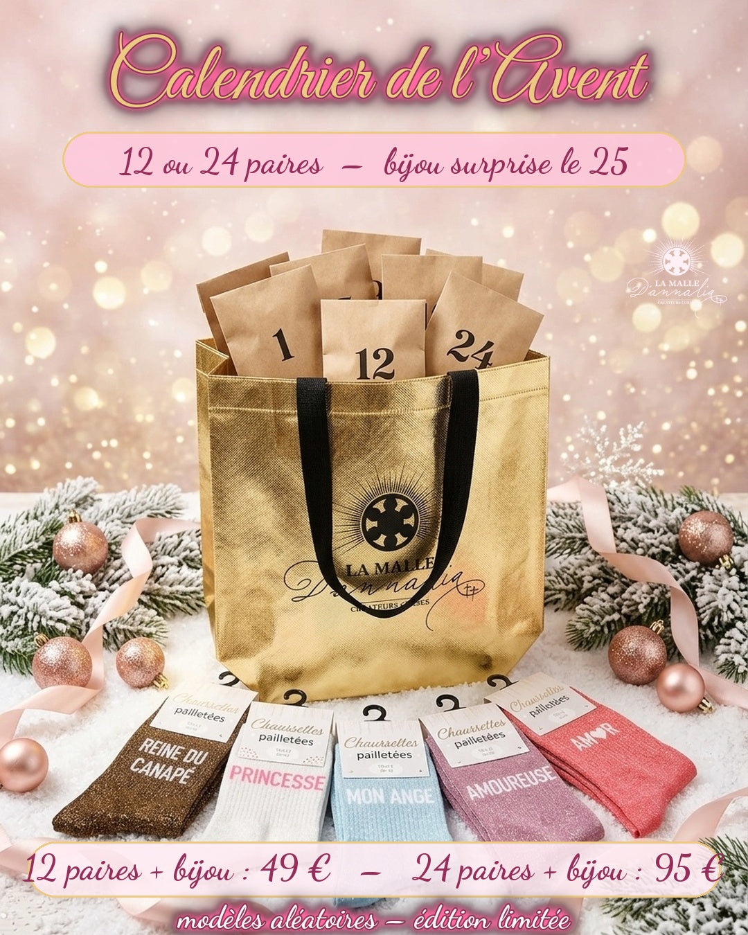 Calendrier de l'Avent 2026 La Malle d'Annalia : sac doré, chaussettes pailletées à messages et bijou surprise