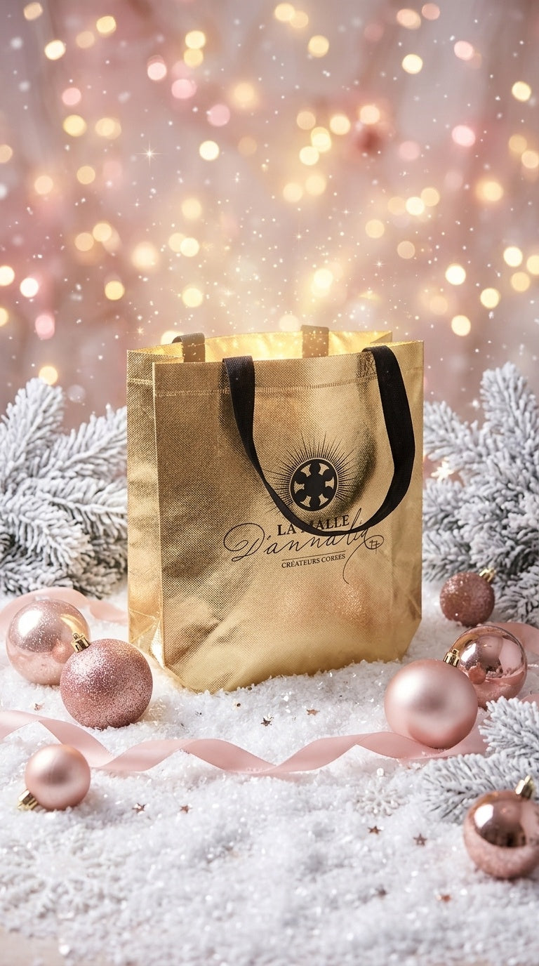 Sac doré La Malle d'Annalia du calendrier de l'Avent, décor de Noël rose poudré